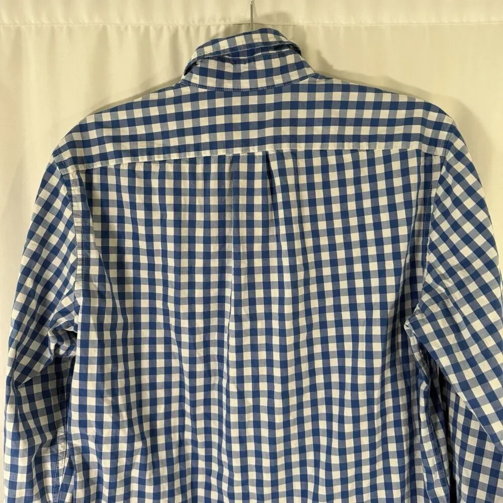 J. Crew Dress Shirt Mens Medium Blue White Plaid Organic Cotton Long Sleeve Slim
